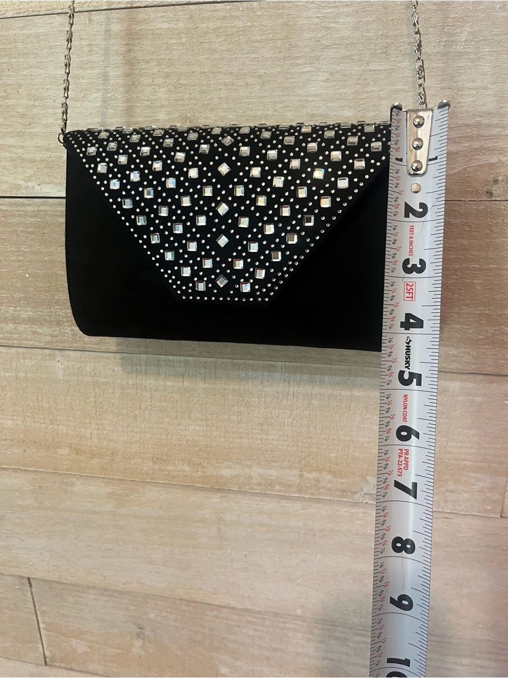 Black Embellished Evening Clutch with Chain Strap - Picture 3 of 8